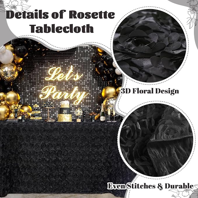 B-COOL Rosette Tablecloth Black 60x102 Inch 3D Floral Rectangle Table Cloth Birthday Table Cloths for Outdoor Birthday Party Holiday Decorations