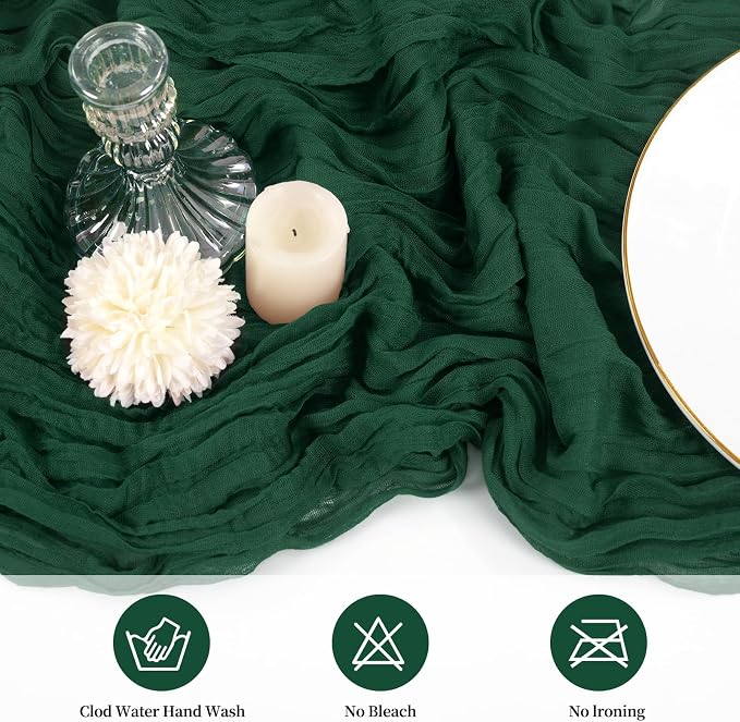 20 Pack Cheesecloth Table Runner 17 x 108 inch Long Boho Gauze Table Runners Semi Sheer Table Runner for Wedding Decor, Baby Shower, Birthday Party, Banquet (Emerald Green)
