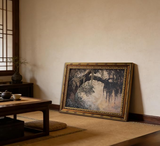 Vintage Gold Framed Vintage Oak Tree Wall Art Retro Landscape Canvas Wall Decor Oak Tree Moss Artwork Picture Retro Rustic Tree Poster Print for Home Living Bedroom Farmhouse Hallway