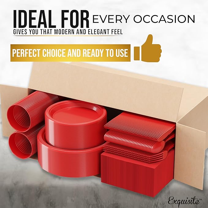 350 Pcs Red Plastic Plates For Party, Red Disposable Plates Set, 50 Of Each 9" Dinner Plate Set, 7" Dessert Plate, Cups, Napkins & Cutlery Plastic Dinnerware Set Exquisite