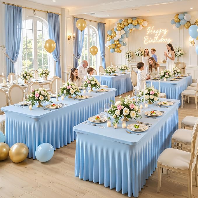 2 Pack 6ft Baby Blue Spandex Table Cloths for Rectangle Tables Wrinkle Free Rectangle Tablecloths Stretch Fitted 6 Foot Table Cover with Skirt for Baby Shower Boy Birthday Party Wedding Banquet Buffet