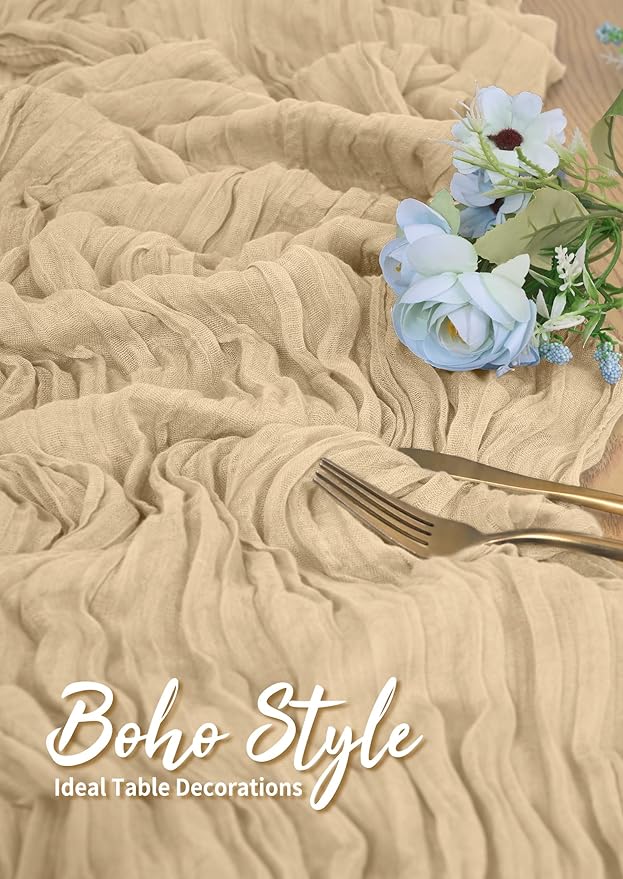 18 Pack Cheesecloth Table Runner Beige 10Ft Rustic Boho Gauze Table Runner Romantic Long Sheer Fabric Cheesecloth Table Runner for Wedding Festival Birthday Anniversary Dinner Outdoor Events