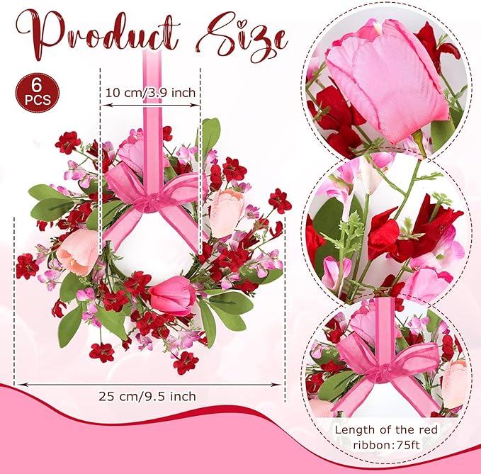 6 PCS 9" Mini Valentine's Day Wreath for Front Door Valentine Kitchen Cabinet Wreath Artificial Tulip Small Wreath with Forsythia Flowers Lavender Green Leaf Ribbon for Wedding Window Home Wall Decor