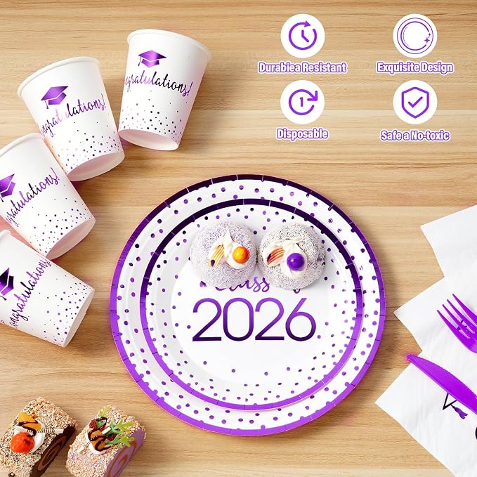 175pcs Class of 2026 Graduation Plates and Napkins Set, Disposable Paper Plate Set Polka Dots Napkin Cups Knife Fork Spoon for Graduation Party Decorations and Supplies,Serve 25 (White Purple)
