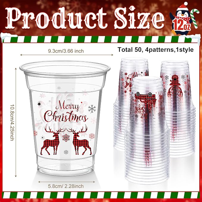 FoldTier 50 Pcs Merry Christmas Buffalo Plaid Plastic Cups - 12 oz Clear Disposable Drinking Cups for Home Xmas Theme Party Favors & Kitchen Supplies