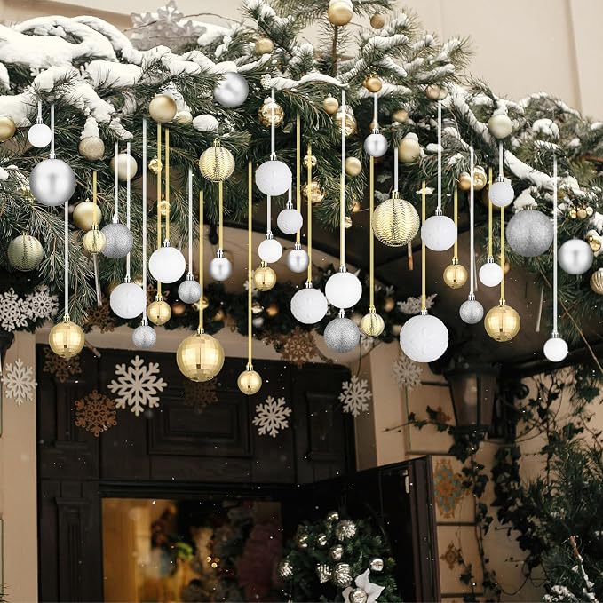 36 Pcs Christmas Balls Ornaments for Ceiling, 1.6'' 2.4'' 3.2'' Large Big Shatterproof Christmas Hanging Decorations Balls for Tree Xmas Holiday Party Indoor(Silver, White, Champagne)