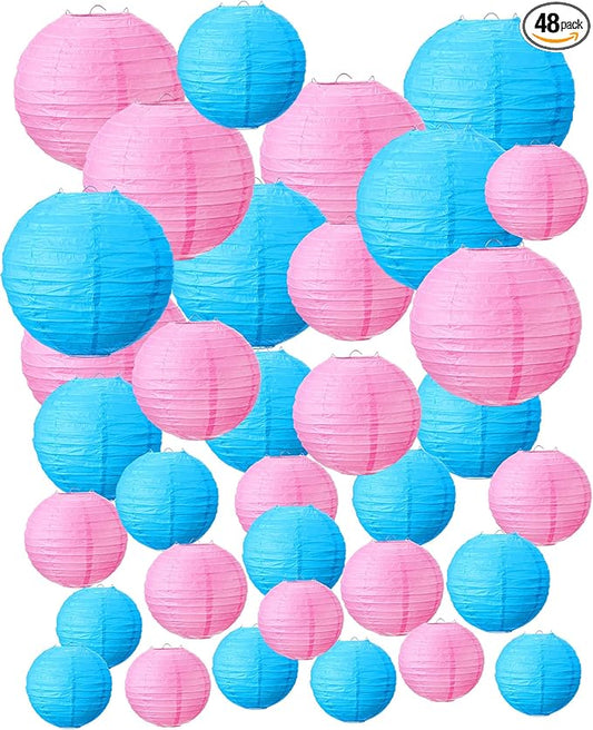 Treela 48 Pcs Paper Lanterns Party Decorations Chinese Round Paper Decor 4/6/8/10 Inch Asian Hanging Lamps Decorative for Graduate Wedding Birthday Party Bridal Parties Supplies(Pink and Blue)