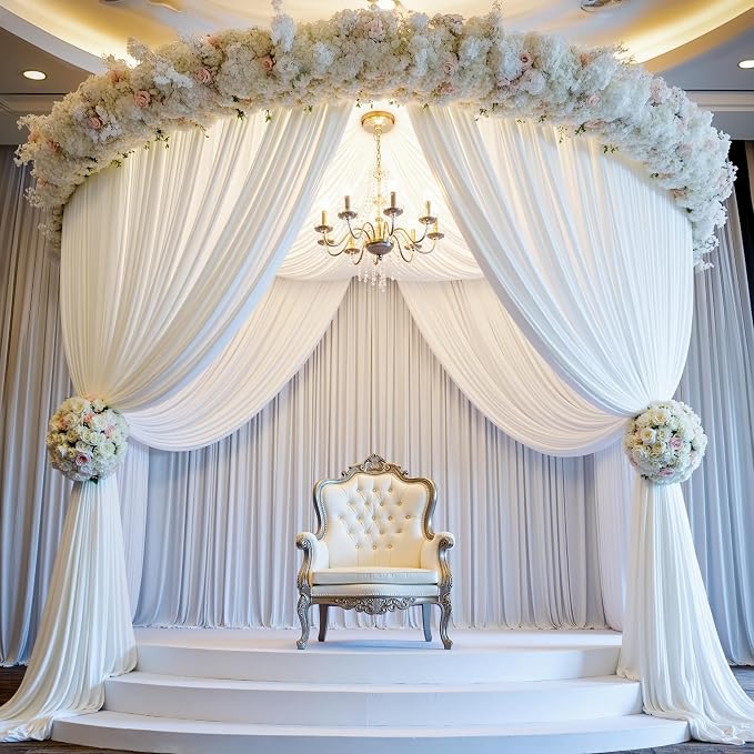 50ft×12ft White Backdrop Curtain for Wedding Parties, 10 Panels Wrinkle Free Polyester Photo Backdrop Drapes Back Drop Cloth for Birthday Photography Background