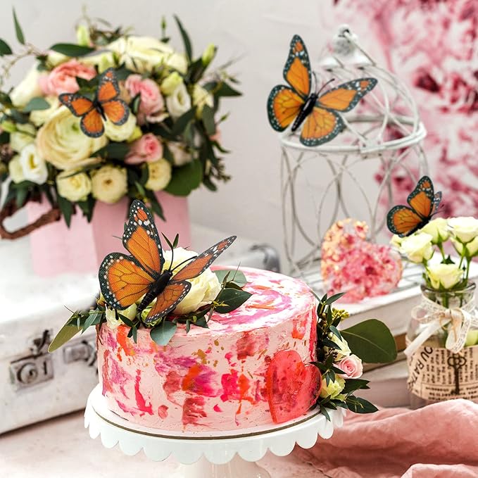Chuangdi 100 Pcs Orange Monarch Butterfly Decorations 3 Size Fake Butterflies Realistic Butterfly Craft Artificial Mariposas Wall Decor for Craft Wedding Home Birthday Party (3.2inch,4inch,4.7inch)
