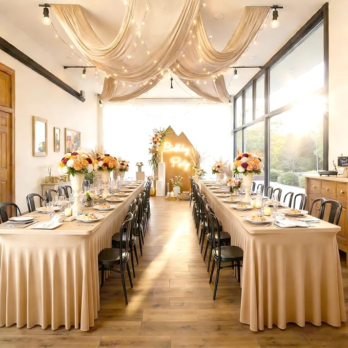 6 Packs Dark Champagne Spandex Tableclothes for 8 Foot Rectangle Tables, Wrinkle Free 8ft Fitted Table Cover Stretch Table Cloth Desk Skirt for Weddings Baby Shower Birthday Party Banquet Decorations