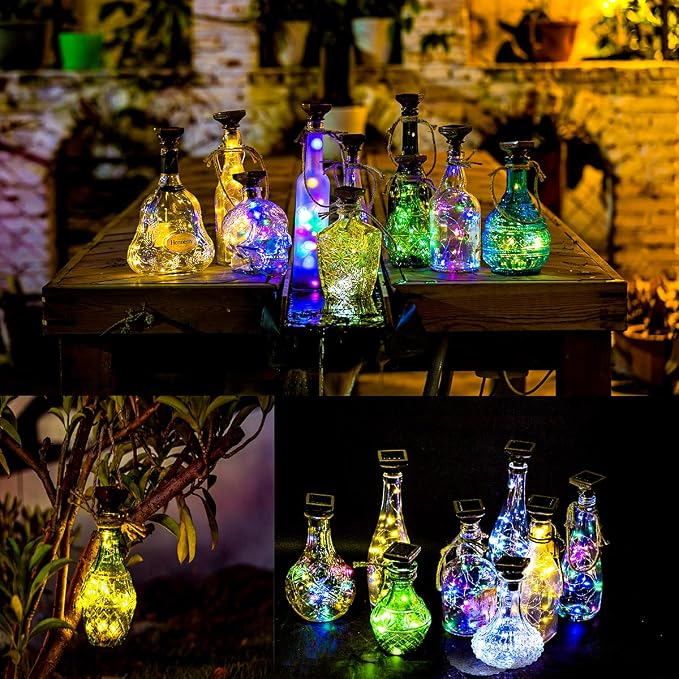 Solar Wine Bottle Lights 12 Pack 20LED Outdoor Waterproof Multicolor Fairy Light String (3 Colors), Suitable for Most Wine Bottle Mouths, for Garden, Terrace, Party Decoration