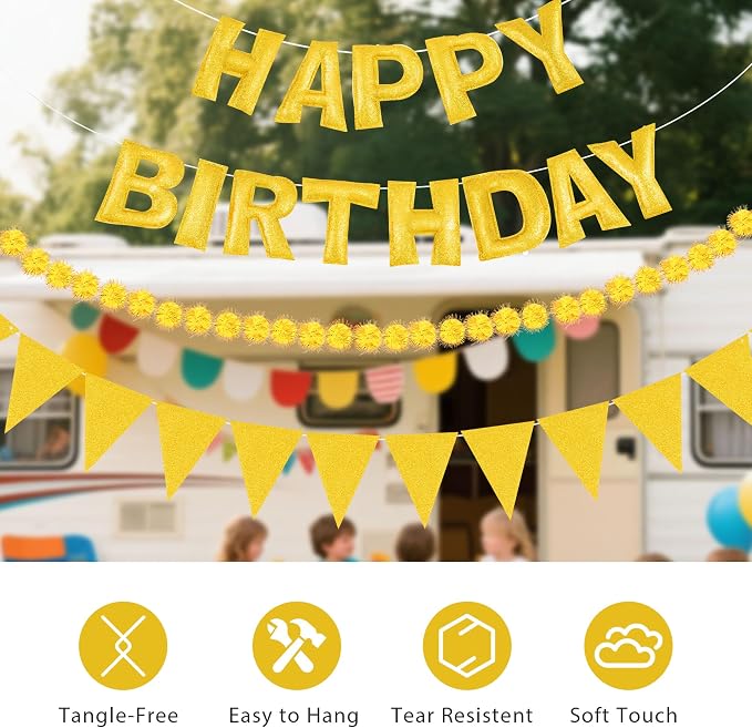 CANREVEL Pre-Strung 3D Happy Birthday Banner, 3 PCS Happy Birthday Garland Felt, Pom Pom Garland, Triangle Fabric Garland Bunting, Reusable Birthday Decorations for Women Men Girls Boys, Gold