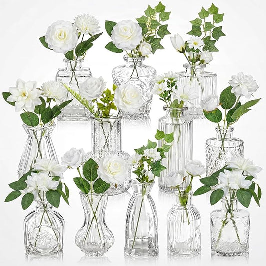 36 Pcs Artificial Flowers Table Centerpiece with Vases Colorful Wildflower Centerpieces Silk Flower Arrangement for Wedding Baby Shower Table Centerpieces Party(White Bloom,Clear)