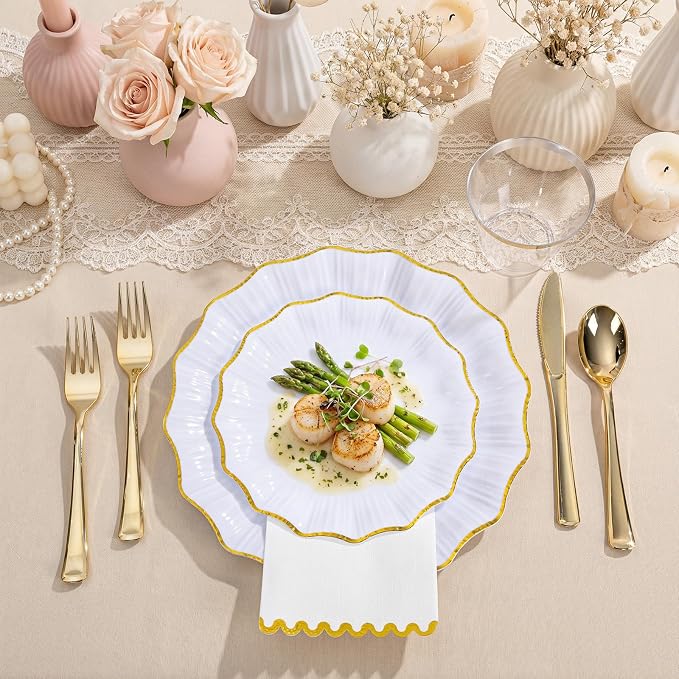 I00000 350 PCS White and Gold Plastic Plates for 50 Guests, Premium Scalloped Disposable Dinnerware Set Include: 100 Disposable Plate, 50 Napkins, 50 Cups, 50 Silverware Set for Party & Wedding
