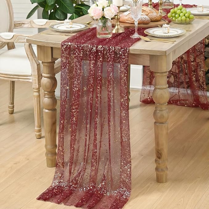 Artoid Mode 6PC Burgundy Gold Gauze Table Runner 120 Inch 10FT, Glitter Metallic Foil Sheer Dining Wedding Anniversary Holiday Birthday Table Decor for Home Party