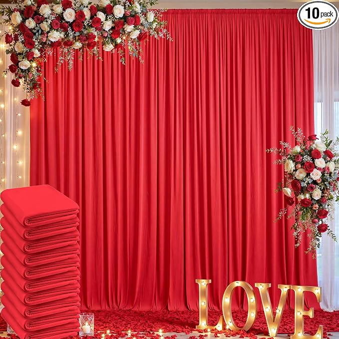 50ft×10ft Wrinkle Free Red Backdrop Curtains for Parties, 10 Panels 5×10ft Thick Silky Polyester Red Photo Backdrop Drapes Curtain for Themed Party Birthday Baby Shower Baptism Wedding Photography