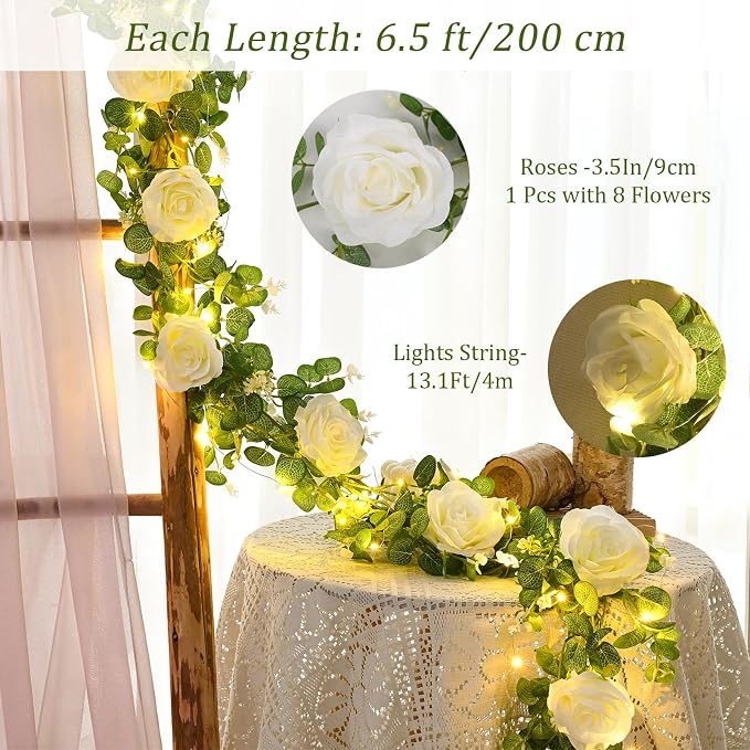 Dolicer 2Pcs 13Ft Artificial Eucalyptus Garlands with Flowers - 8 Roses, Faux Floral Greenery Garlands with 13Ft String Lights Fake Flower Vines for Wedding Table Centerpieces Arch Party Decor (White)