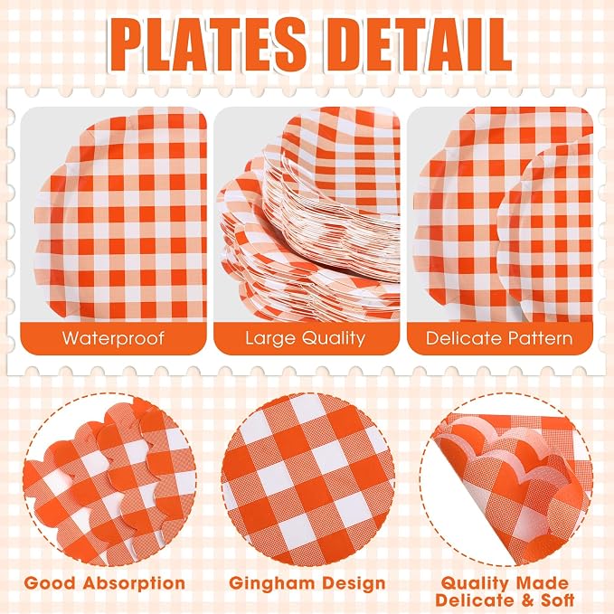 Funnymoom 400 Pcs Gingham Party Supplies for 50 Guests Orange and White Paper Plates and Napkins Knives Spoon Fork Cup Disposable Checkered Dinner Party Set Cutlery for Baby Shower Wedding Favor