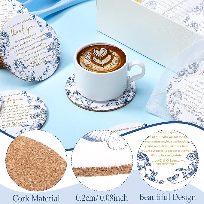Hushee 200 Pcs Wedding Favors for Guests Blue White Floral Cork Coasters Bulk Bridal Shower Thank You Gifts Chinoiserie Wedding Souvenirs for Guests Blue Floral Engagement Bachelorette Party Supplies