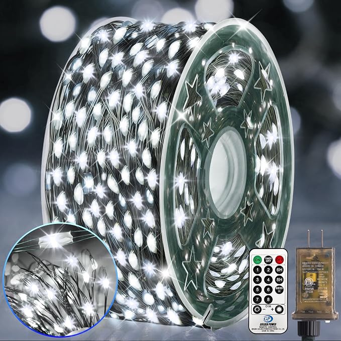 KNONEW 203FT Outdoor Christmas Fairy Lights Plug in,600 LED String Lights Outdoor Waterproof 8 Modes Memory Times for Wedding Bedroom Walls Garden Trees Decoration(Cool White)