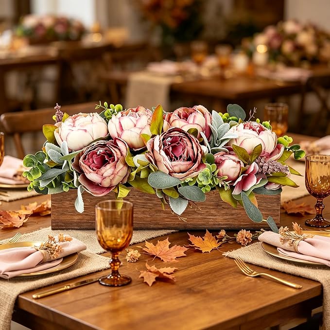 Pre-Made Flower Table Centerpieces for Dining Room Wedding Artificial Peony Table Decorations Wood Tray with Fake Flowers for Living Room Party Bar Kitchen Table(Vintage Pink)