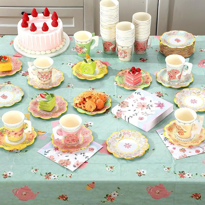 Yungyan 193 Pcs 48 Guests Tea Birthday Party Supplies Disposable Tableware Set 9 oz Paper Tea Cups with Handle, 7" 9" Paper Plates, Napkins, Tablecloth for Floral Party Wedding Baby Shower