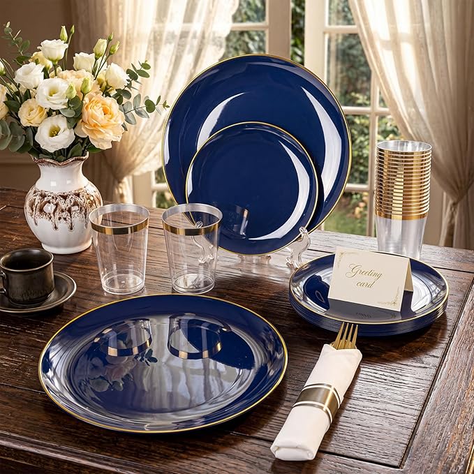 KIRE 350Pcs Blue and Gold Plates -Heavy Duty Navy Blue Dinnerware Set - 100 Plastic Plates 50 Pre Rolled Napkins with Gold Plastic Silverware 50 Cups for Birthday/Wedding/Parties/Graduation