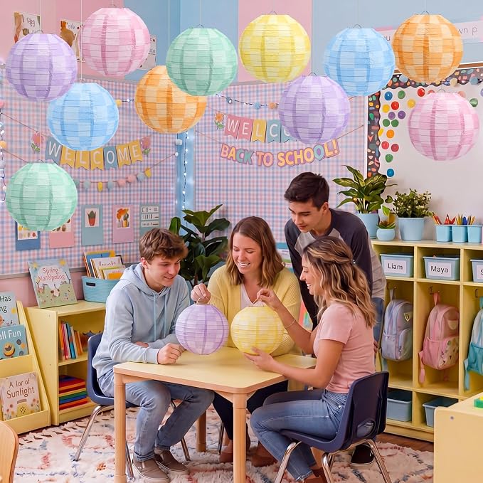 Retisee 12 Pcs Gingham Paper Lanterns Colorful Hanging Decorations 8 Inch Rainbow Checkerboard Ceiling Lanterns Back to School Classroom Decor for Birthday Party First Day of School Kindergarten