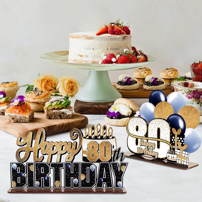 LINGTEER Happy 80th Birthday Gold Acrylic Table Topper Centerpieces Set - Cheers to Eighty Years Old Birthday 80th Bday Party Gift Decorations.