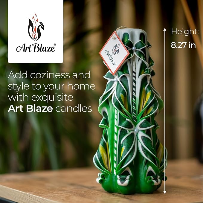 Carved Candles - Handmade Long Burning Decorative Luxury Candles - Unscented - Perfect for Home Decor, Birthdays, Romantic Occasions, Gifts for Women, Christmas Gift for Mom - Big Green