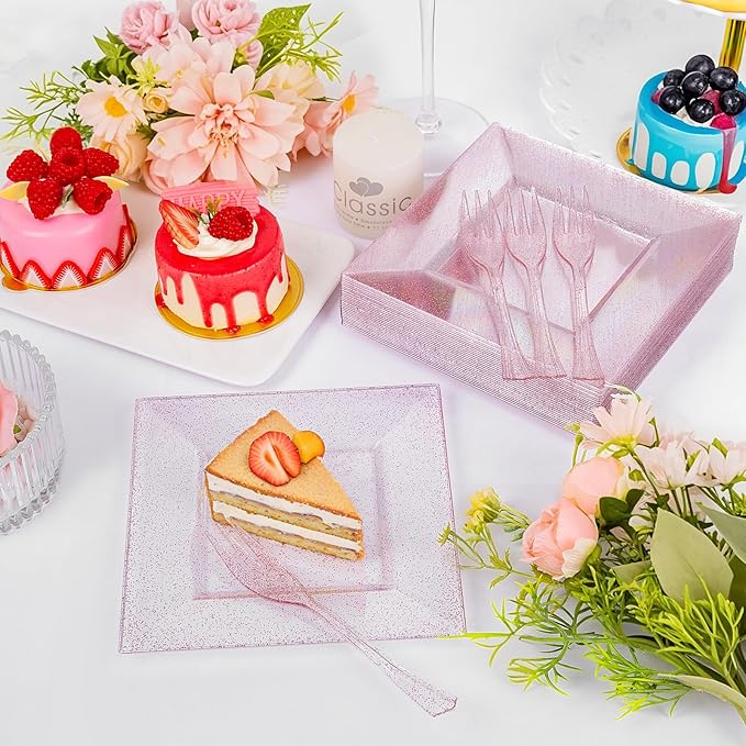 DaYammi 200 Pcs Pink Dessert Plates Including 100Pcs Appetizer plates 6'',100Pcs Plastic Forks 5.7'',Rose Glitter Plastic Square Plate for Wedding,Pink Cake plates and forks for Mother's Day Party