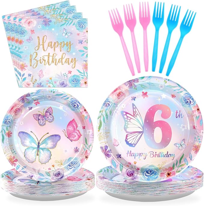 Greencian 96Pcs Butterfly 6th Birthday Party Decorations Butterflies Theme Disposable Sets for Girl Colorful Butterfly Plates, Napkins and Forks, 8 Years Old Birthday Party Supplies Serves 24