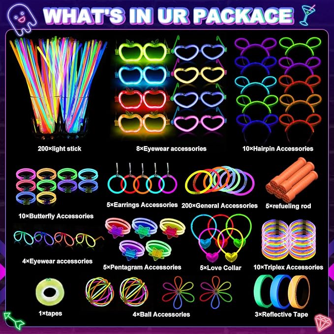 470psc Glow in the Dark Party Supplies for Adults Birthdays,Light Up Party Favors with 200 Glow Sticks Bulk,DIY Glow Necklaces Glasses Bracelets Headband, Christmas Neon Party Supplies