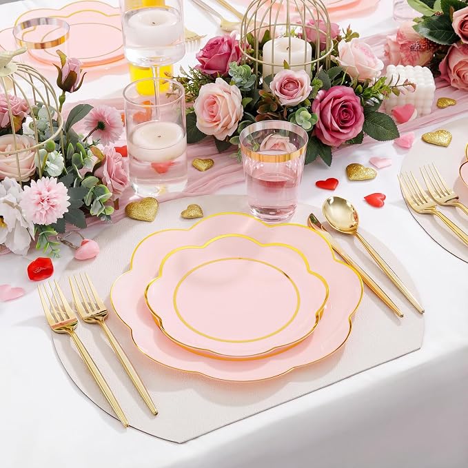 ejonirinjonir EI 180pcs Pink Plastic Plates with Gold Plastic Silverware,Heavy-Duty Disposable Plates for Party,White Dinnerware Set for 30 Guest Wedding,Birthday,Valentine's Day