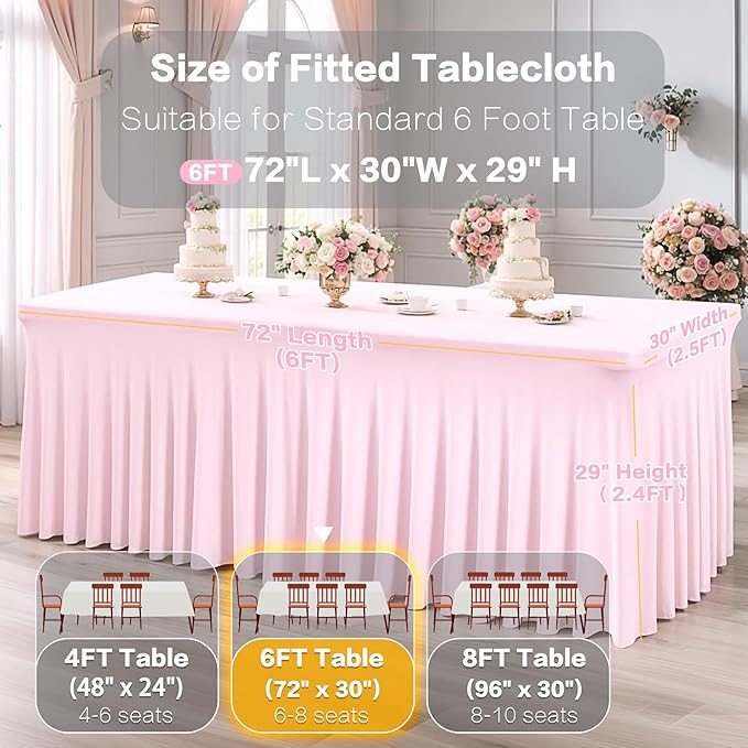 6 Packs Baby Pink Spandex Table Clothes for 6FT Rectangle Tables, Wrinkle Free Fitted Table Cover for Event, Wedding, Banquet & Parties