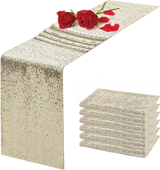 6 Pack Champagne Sequin Table Runner 12 x 72 Inch - High Density Sparkly Glitter Table Runners for Wedding Reception, Birthday Party, Baby Shower, Shimmering Champagne Party Decor