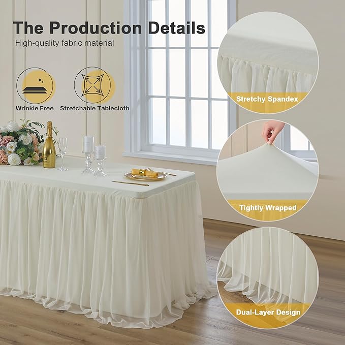 familus Ivory Table Cloths 8 Foot Rectangle 2 Pack Stretch Ruffle Tulle Tablecloth Spandex Fitted Table Cover for 8 Foot Tulle Table Skirts for Party Wedding Table Cloths, Banquets