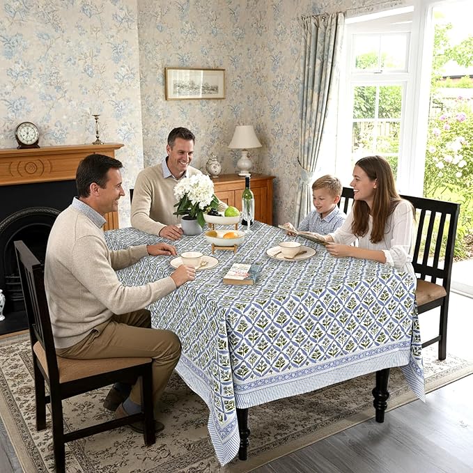 Ridhi Light Steel Blue Hand Block Print Cotton Rectangle Tablecloth 90 x 60 inch-Reusable Table Cover Decorative Everyday Use for Dining Room, Farmhouse, Thanksgiving, Christmas Wedding, Fall