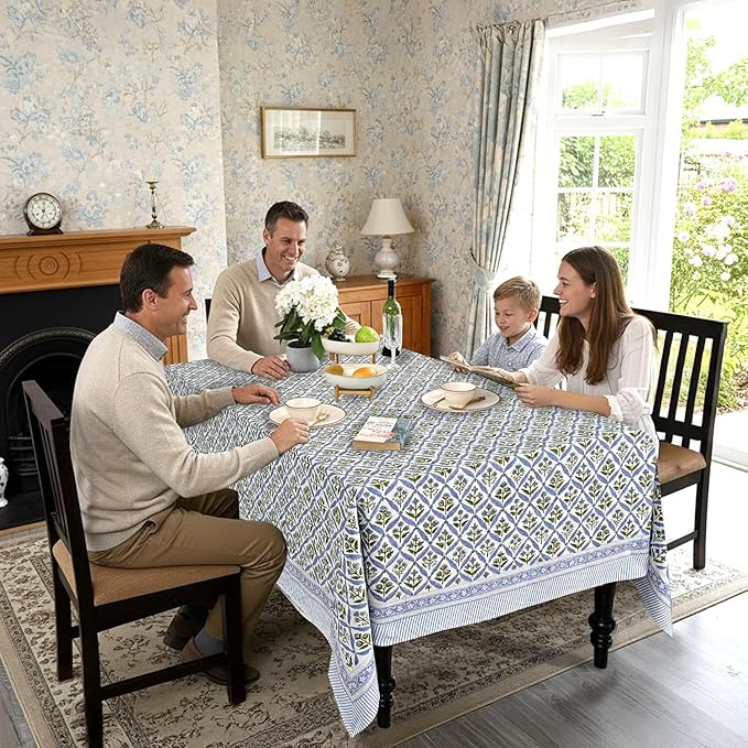 Ridhi Light Steel Blue Hand Block Print Cotton Rectangle Tablecloth 108" x 60" inches Reusable Table Cover Decorative Everyday Use for Dining Room, Farmhouse, Home Gift for Spring, Mother's Day