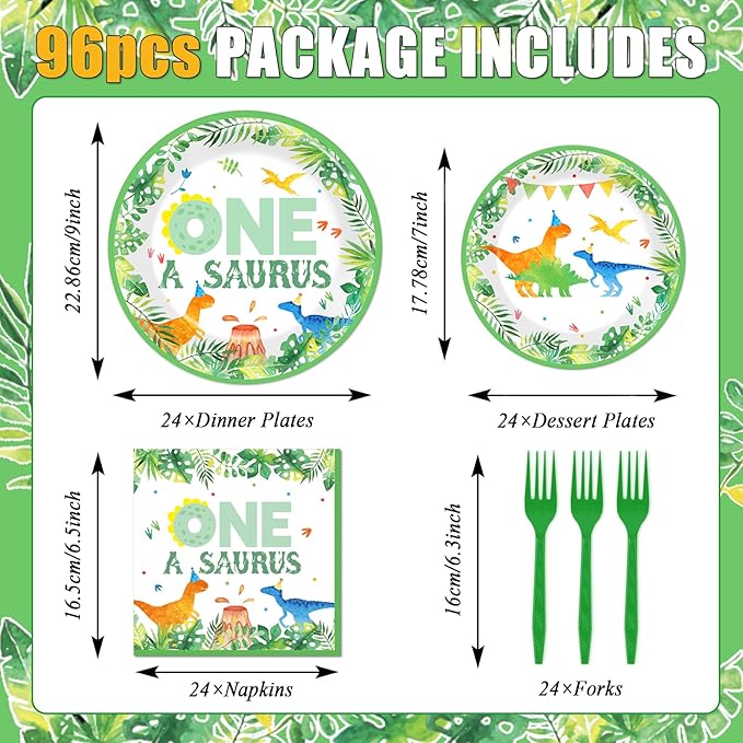 Chunnin 96Pcs One A Saurus Birthday Party Plates and Napkins Dinosaur First Birthday Decorations Tableware Set for 24 Guests Boys Kids Dino Party Supplies