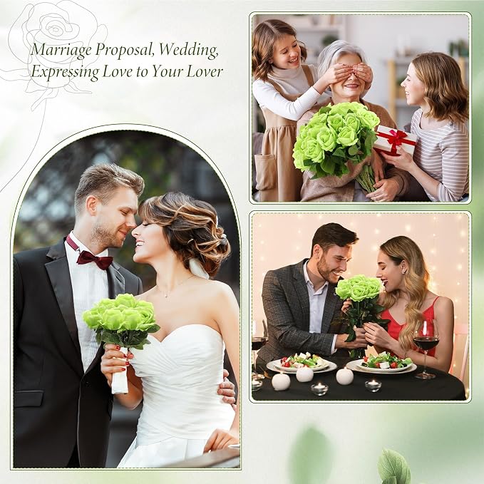 Hotop 20 Pcs Artificial Rose Flowers with Long Stem, Real Lifelike Silk Realistic Plastic Bouquet Roses Bulk for Home Decor Bridal Wedding Party Table Centerpieces Decorations(Green)