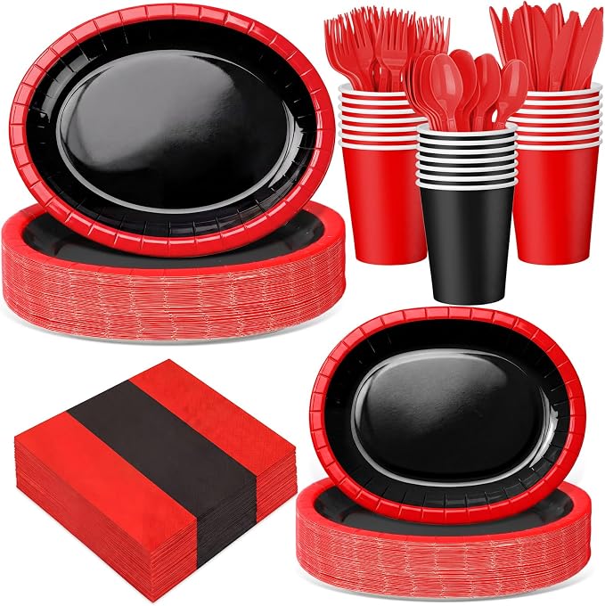 Pajean 350 Pcs Red and Black Party Decorations 12 in Disposable Oval Plates and Napkins Black and Red Heavy Duty Paper Tableware Set for 50 Guests Birthday Baby Shower Wedding Fiesta Party Supplies