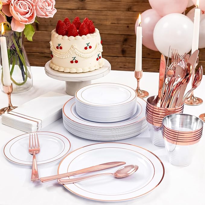 GATHER 350PCS Rose Gold Plastic Plates - Disposable Rose Gold Dinnerware Sets Includes 100 Gold Rimmed Plastic Plates, 150 Silverware, 50 Napkins, 50 Cups for Party, Wedding, Mother's Day