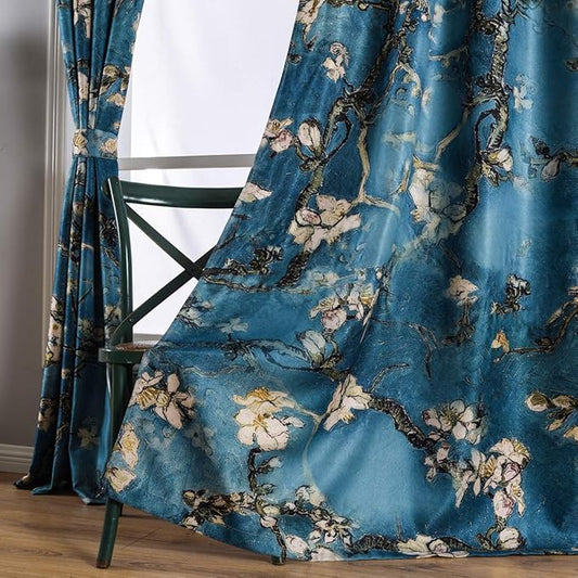 Taisier Home Chinese Style Plum Blossom Curtain Blue Artistic Print Curtains 95 Inches Long for Living Room,Personalized Pattern Curtains Bedroom Window Treatment Curtains 2 Panels Set