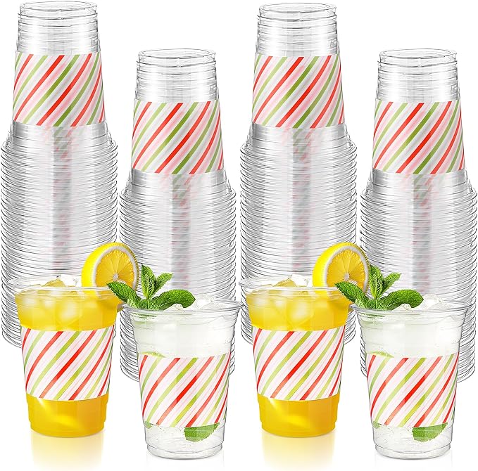100 Pack Red and Green Striped Plastic Cups 16 oz Disposable Pastel Striped Carnival Party Cups Bulk for Circus Theme Birthday, Spring, Fiesta Party Supplies