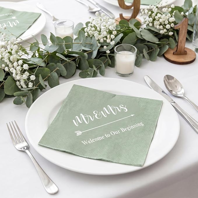 Teling 400 Pcs Wedding Napkins for Reception, 3 Ply Mr Mrs Wedding Cocktail Napkins for Engagement Bridal Shower Party Supplies Beverage Dessert Table Decorations(Sage Green)