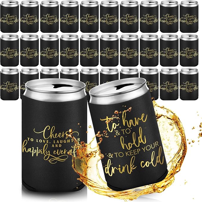 Qinyoung 50 Pieces Black Wedding Can Cooler Sleeves Bulk Engagement Party Favors for Guests Cheers to Love Laughter Happily Ever After Rehearsal Dinner Decorations for Wedding Bridal Party