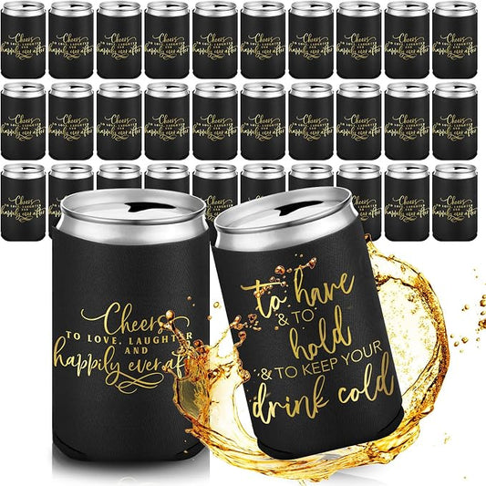 Qinyoung 50 Pieces Black Wedding Can Cooler Sleeves Bulk Engagement Party Favors for Guests Cheers to Love Laughter Happily Ever After Rehearsal Dinner Decorations for Wedding Bridal Party
