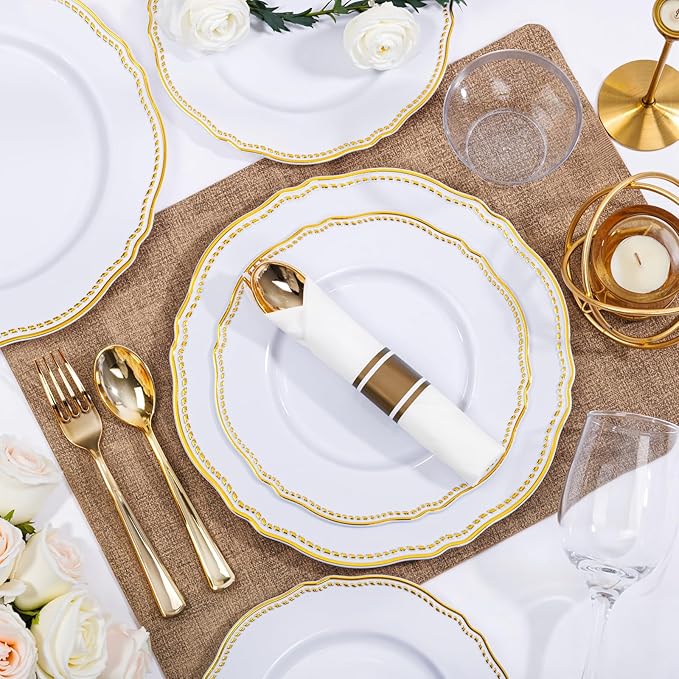 Hioasis 175pcs White and Gold Plastic Plates - Gold Plastic Dinnerware Set Includes 25 Dinner Plates, 25 Dessert Dinnerware, 25 Cups, 25 Rolled Napkin Cutlery Perfect for Wedding & Party