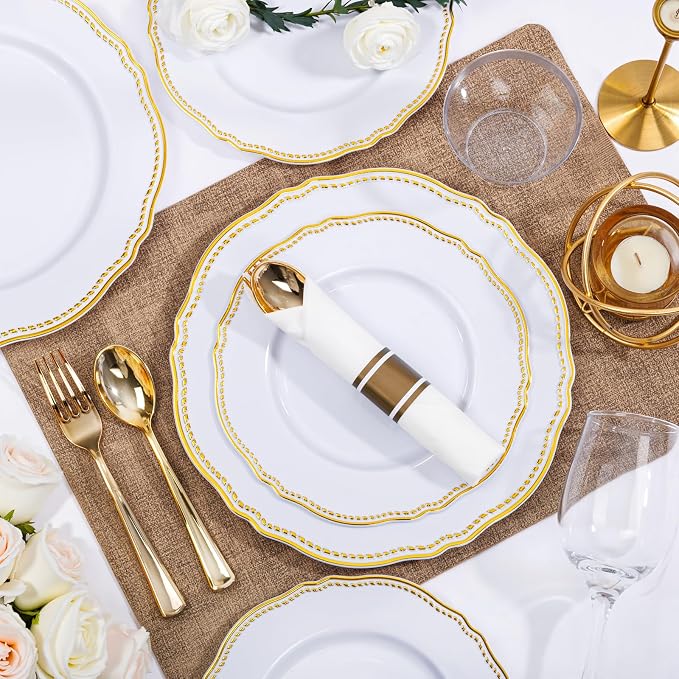 Hioasis 350pcs White and Gold Plastic Plates - Gold Plastic Dinnerware Set Includes 50 Dinner Plates, 50 Dessert Dinnerware, 50 Cups, 50 Rolled Napkin Cutlery Perfect for Wedding & Party